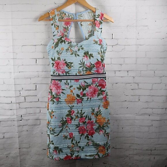 BLUE FLORAL SLEEVLESS LACE OVERLAY MIDI WEDDING EVENT PARTY DRESS SIZE MEDIUM - Picture 1 of 11